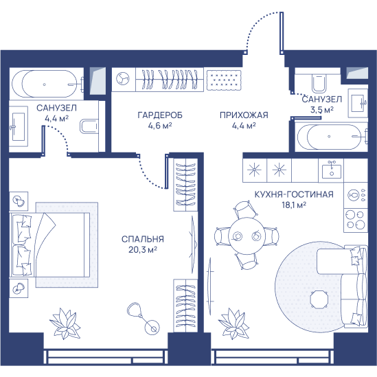 1 комн. квартира, 55.3 м², 3 этаж 
