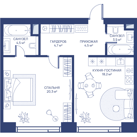 1 комн. квартира, 55.7 м², 19 этаж 