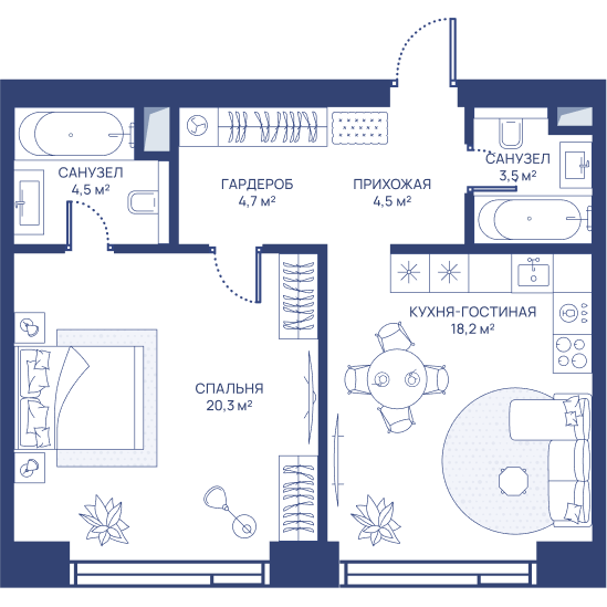 1 комн. квартира, 55.7 м², 24 этаж 