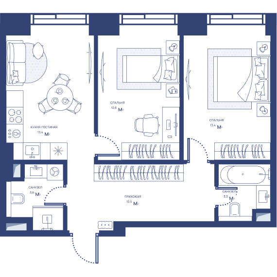 2 комн. квартира, 56.8 м², 9 этаж 