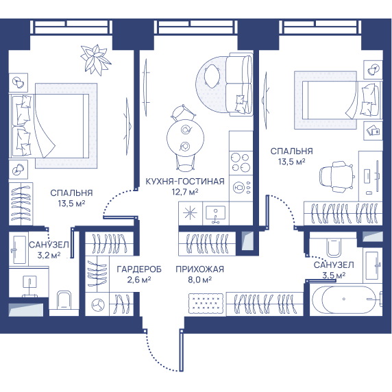 2 комн. квартира, 57 м², 9 этаж 