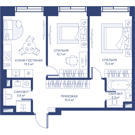 2 комн. квартира, 57 м², 10 этаж 