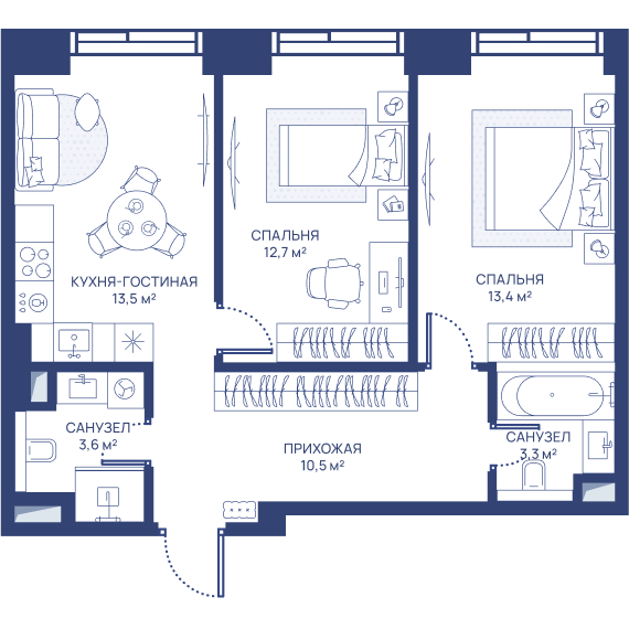 2 комн. квартира, 57 м², 18 этаж 