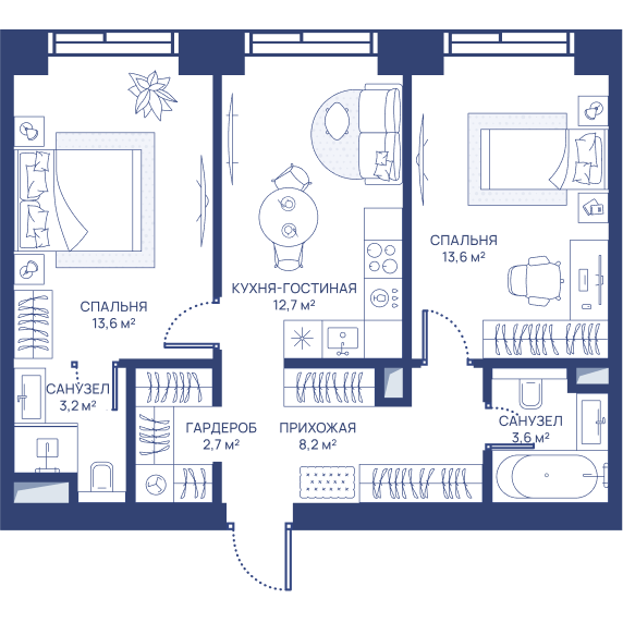 2 комн. квартира, 57.6 м², 18 этаж 