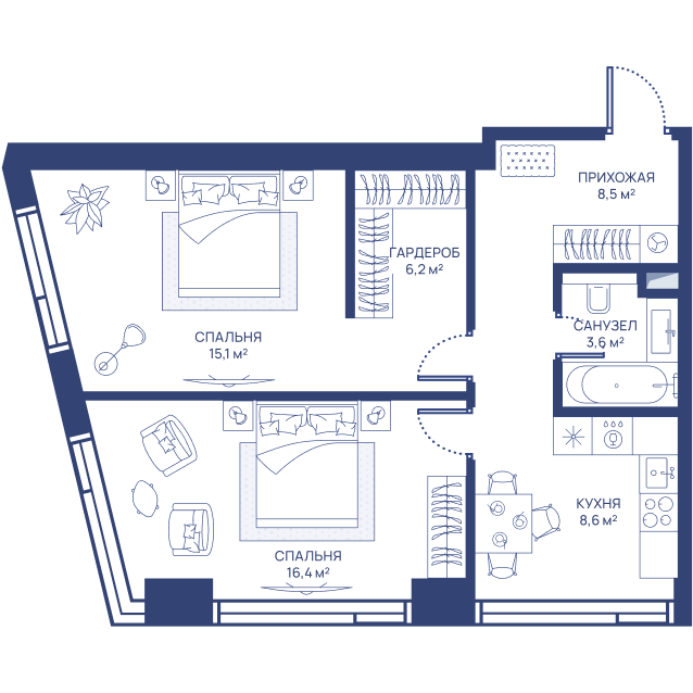 2 комн. квартира, 58.4 м², 24 этаж 