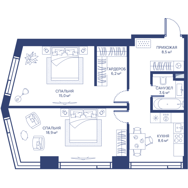 2 комн. квартира, 60.8 м², 19 этаж 