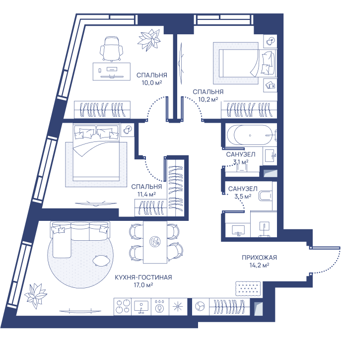 3 комн. квартира, 69.4 м², 13 этаж 