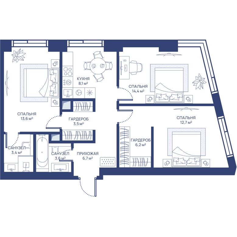 3 комн. квартира, 72.2 м², 24 этаж 