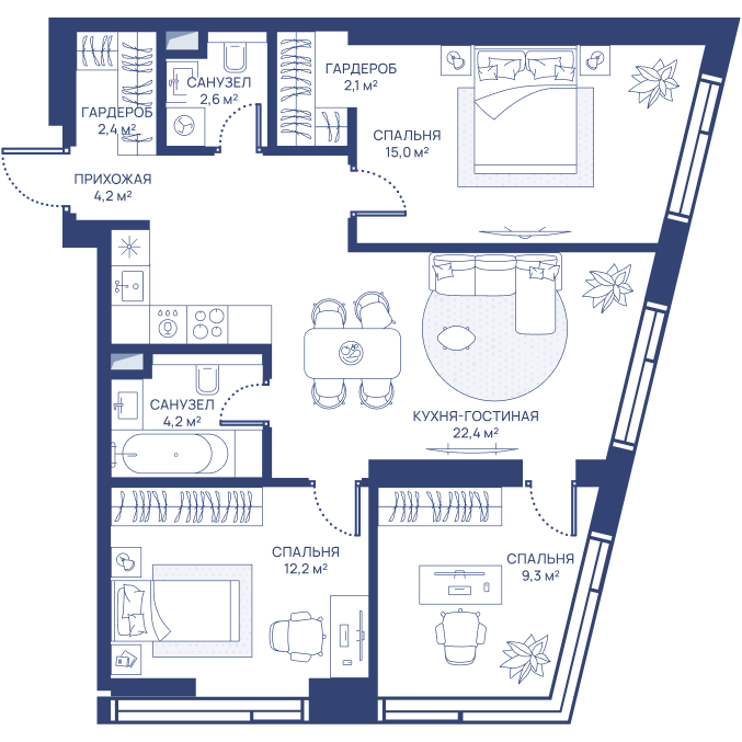 3 комн. квартира, 74.4 м², 14 этаж 