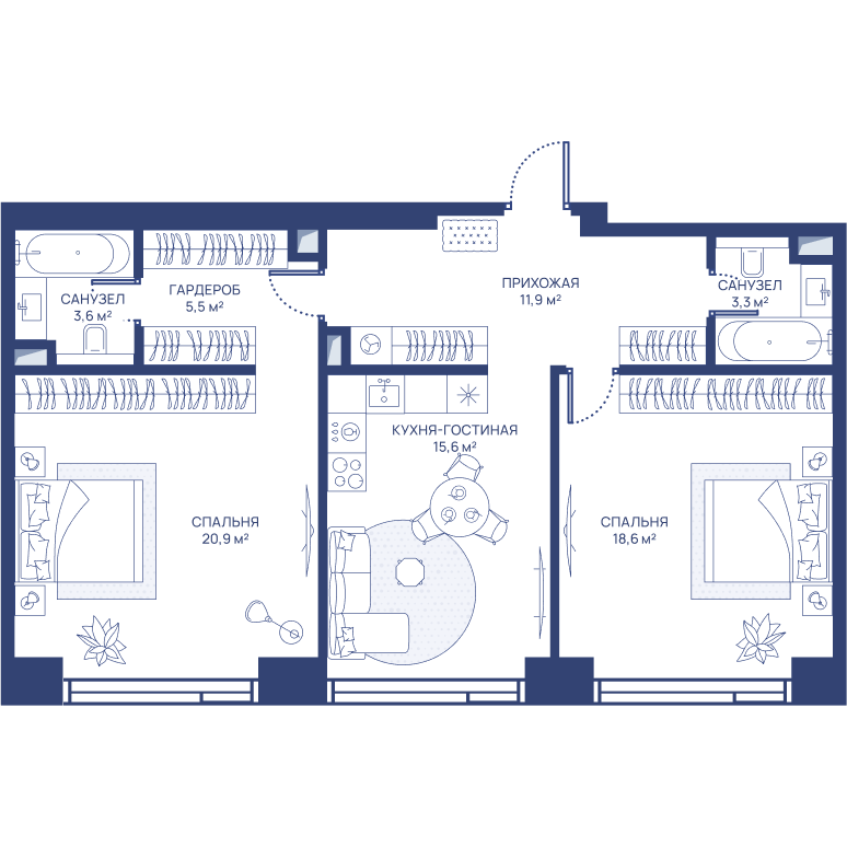 2 комн. квартира, 79.4 м², 19 этаж 