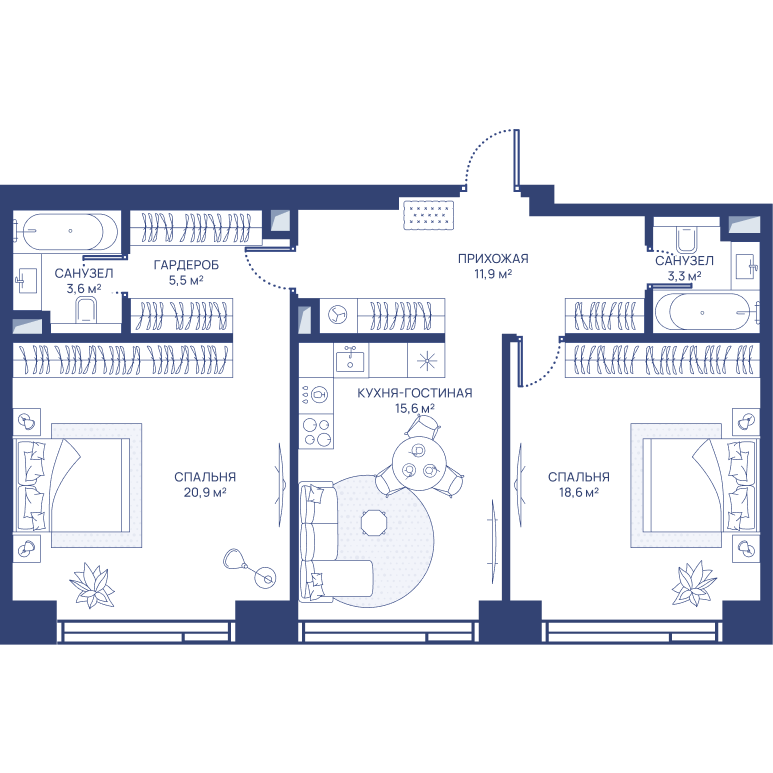 2 комн. квартира, 79.4 м², 24 этаж 