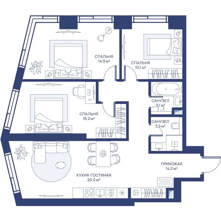 3 комн. квартира, 82 м², 9 этаж 