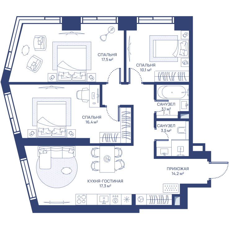 3 комн. квартира, 82.1 м², 3 этаж 