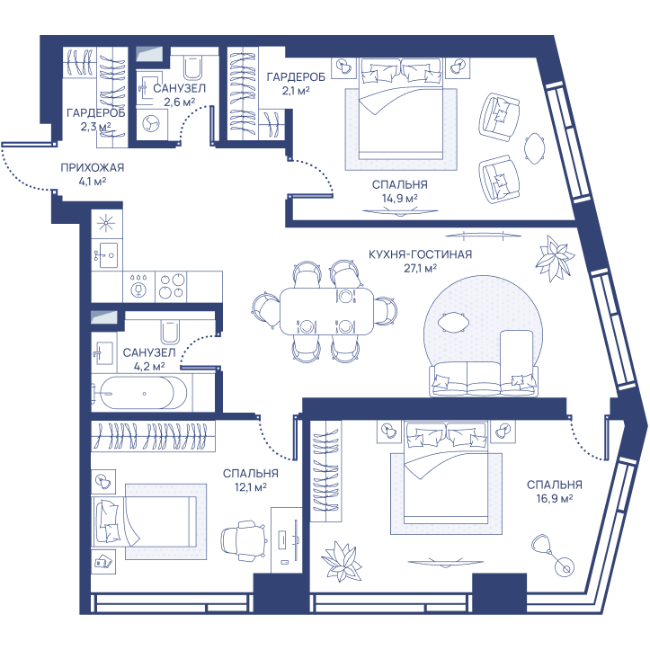 3 комн. квартира, 86.3 м², 4 этаж 