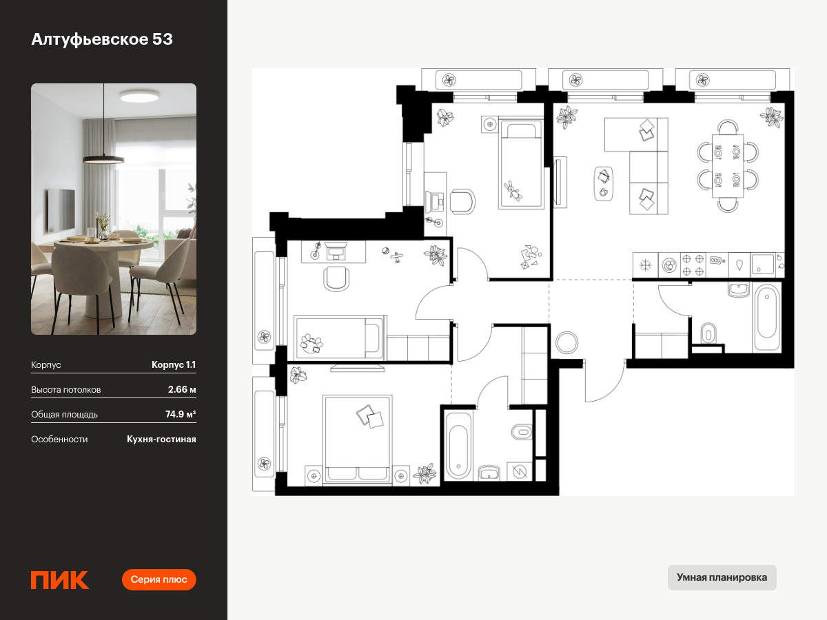 3 комн. квартира, 74.9 м², 22 этаж  (из 32)