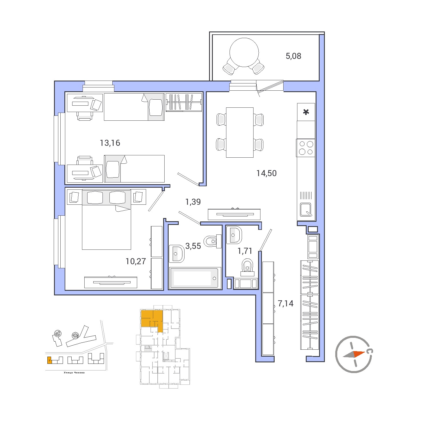 2 комн. квартира, 53.3 м², 2 этаж 