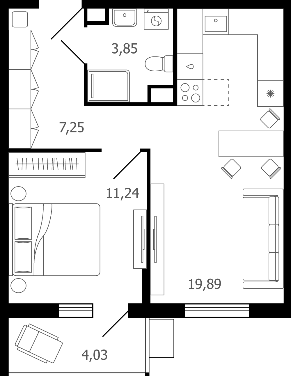 2 комн. квартира, 43.5 м², 16 этаж 
