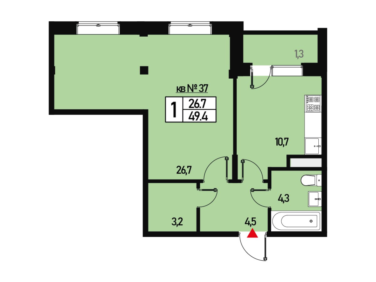 1 комн. квартира, 49 м², 3 этаж 