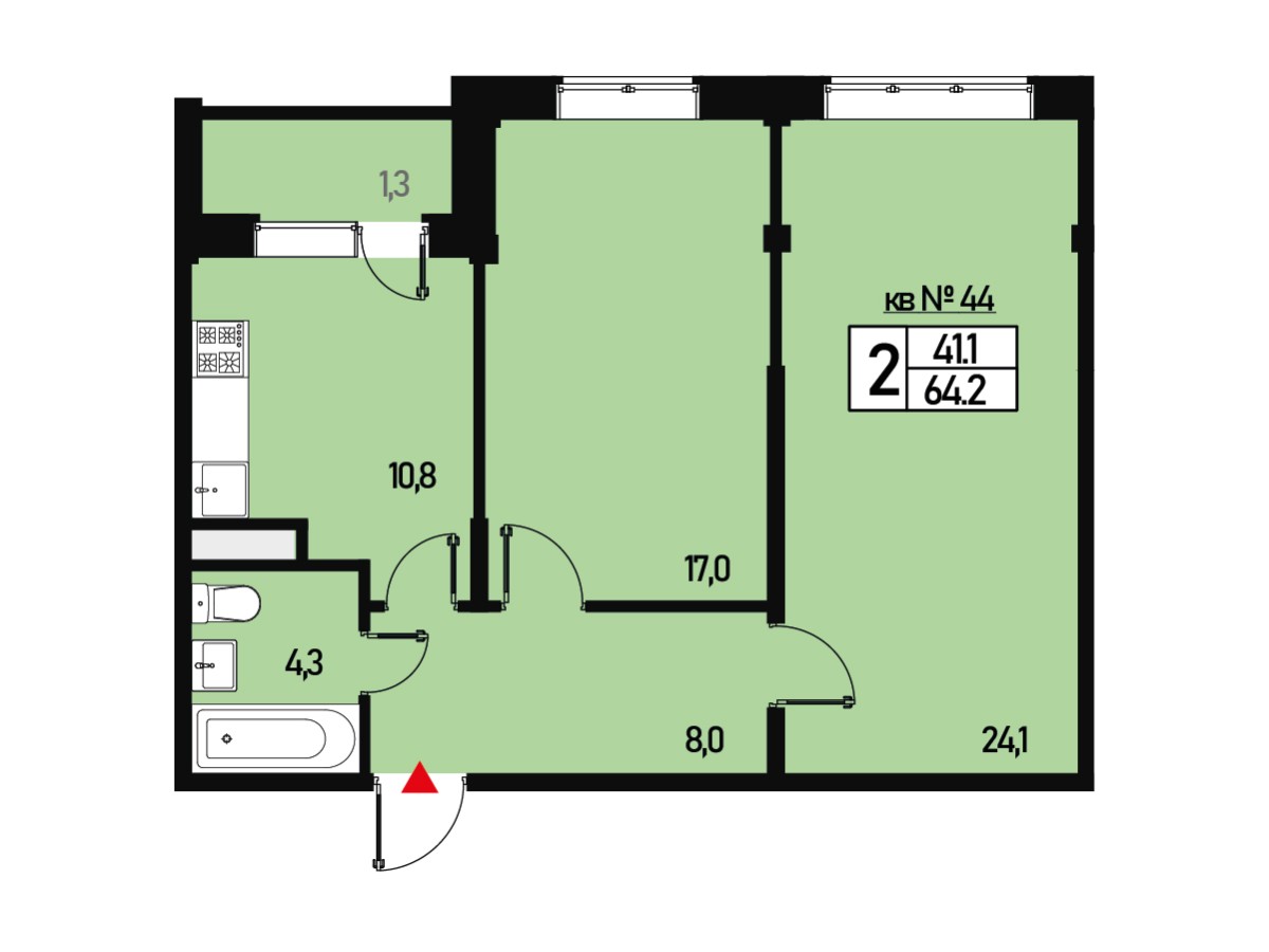 2 комн. квартира, 64 м², 3 этаж 