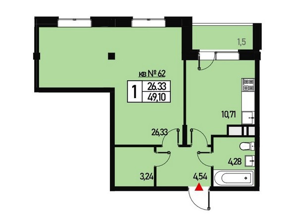 1 комн. квартира, 48 м², 3 этаж 