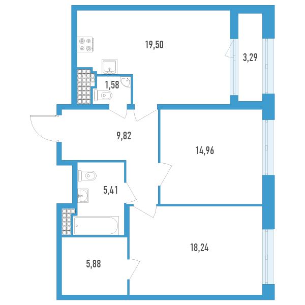 1 комн. квартира, 77.3 м², 16 этаж 