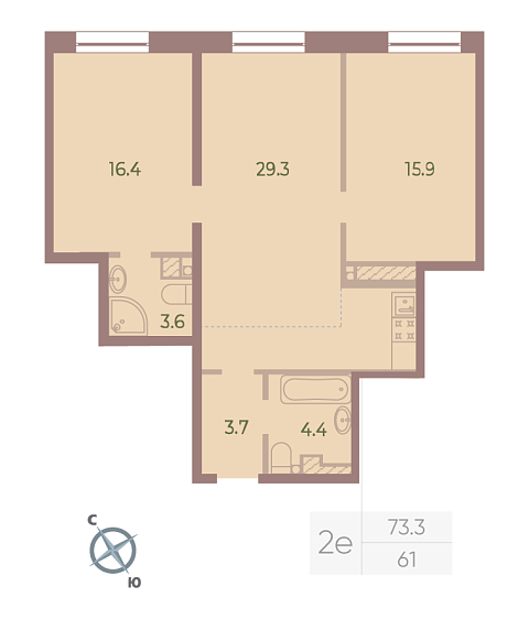 1 комн. квартира, 73.3 м², 8 этаж 