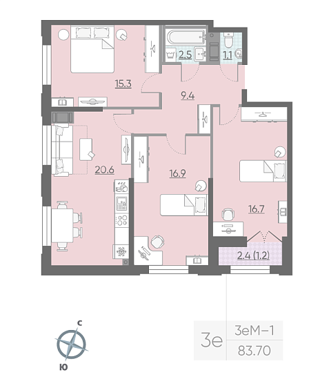 2 комн. квартира, 82.6 м², 6 этаж 