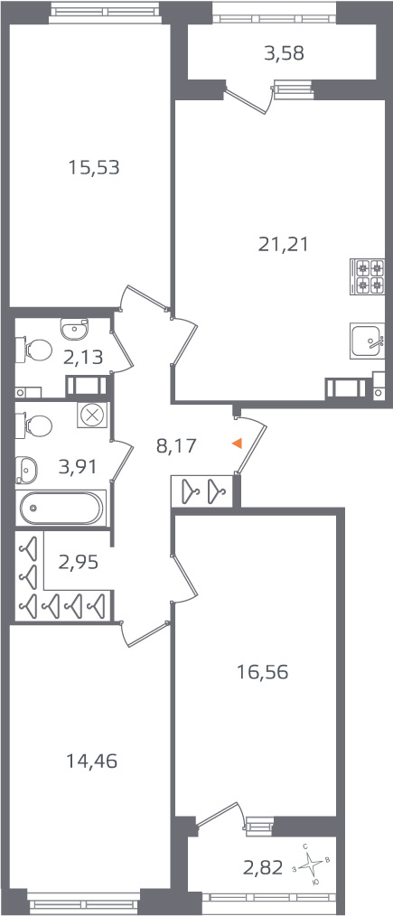 3 комн. квартира, 84.9 м², 8 этаж 