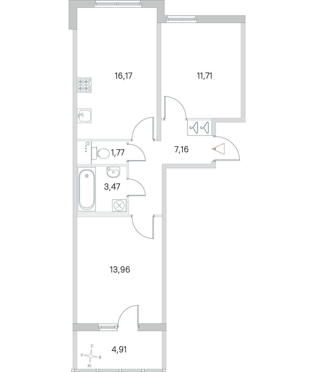 2 комн. квартира, 54.2 м², 1 этаж 