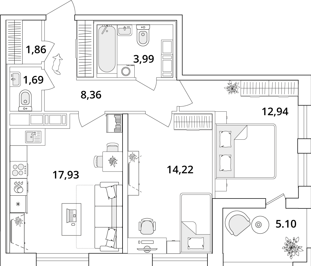 2 комн. квартира, 63.7 м², 16 этаж 