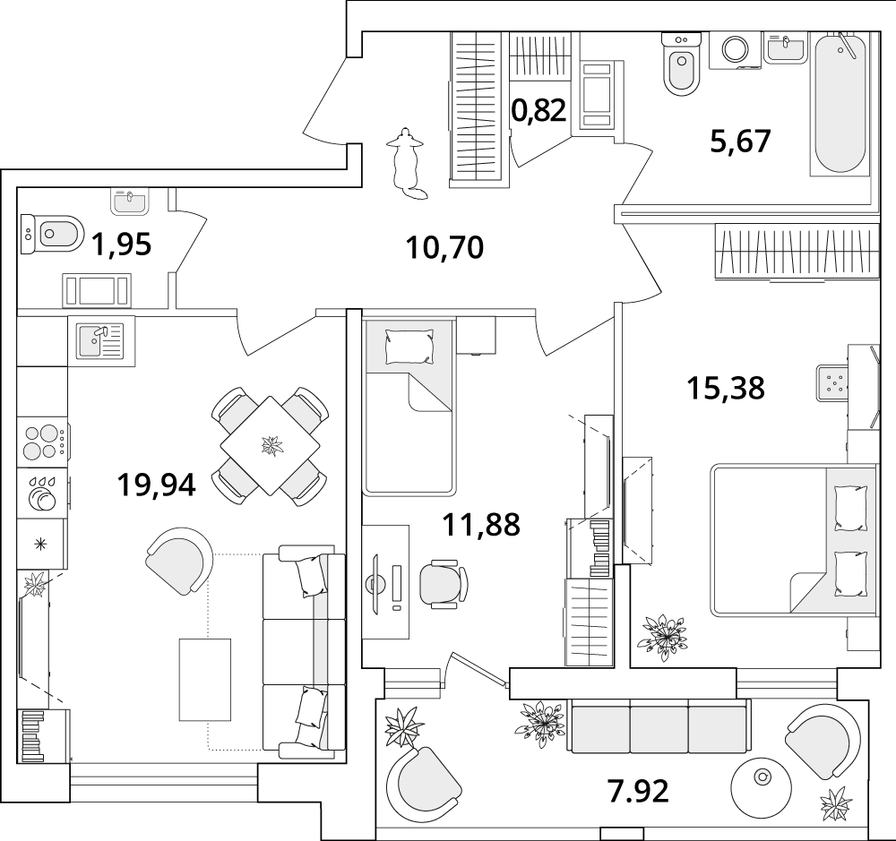 2 комн. квартира, 70.6 м², 10 этаж 