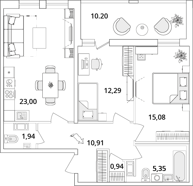 2 комн. квартира, 74.9 м², 8 этаж 