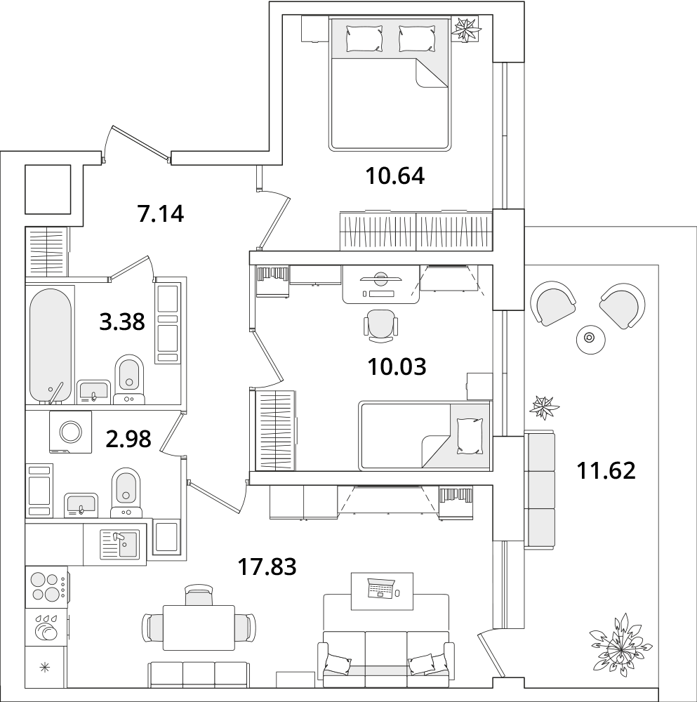 2 комн. квартира, 54.8 м², 16 этаж 
