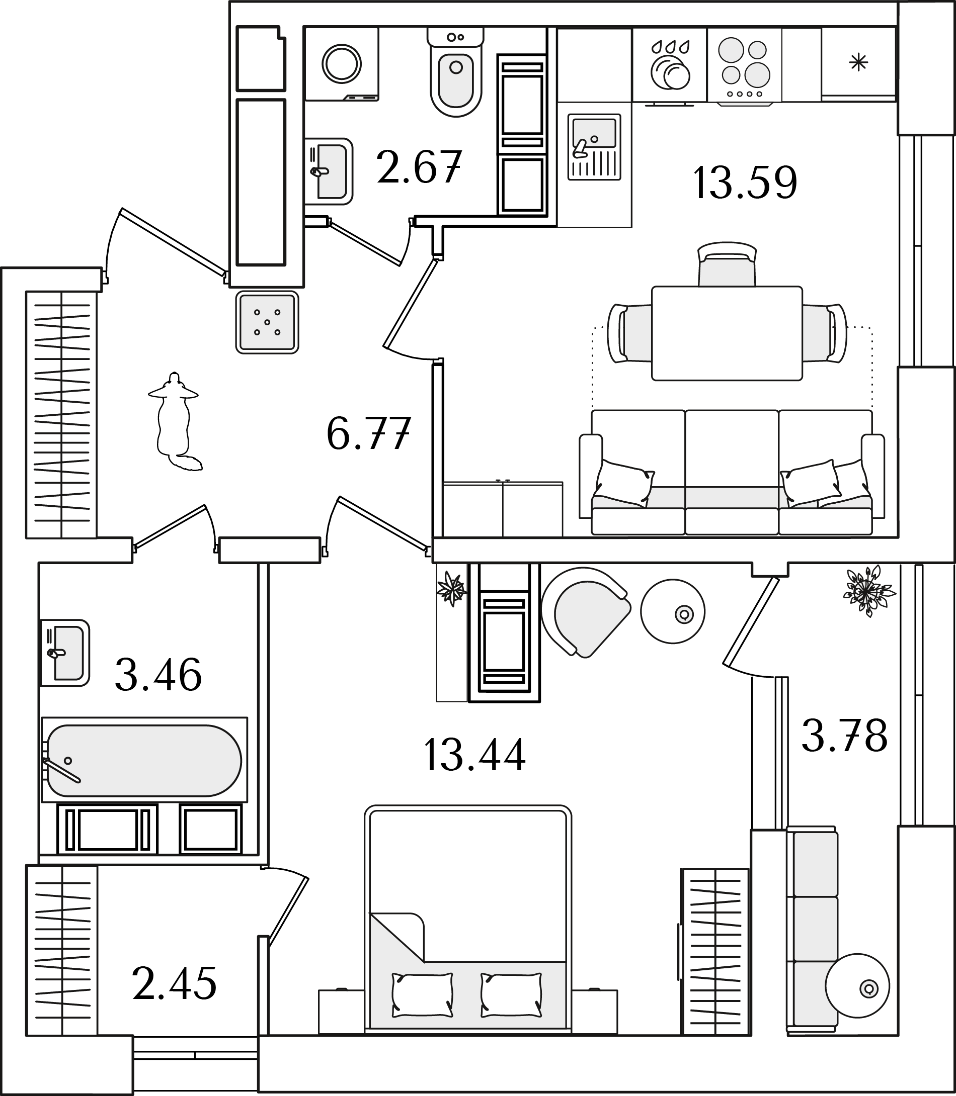 1 комн. квартира, 44.3 м², 22 этаж 