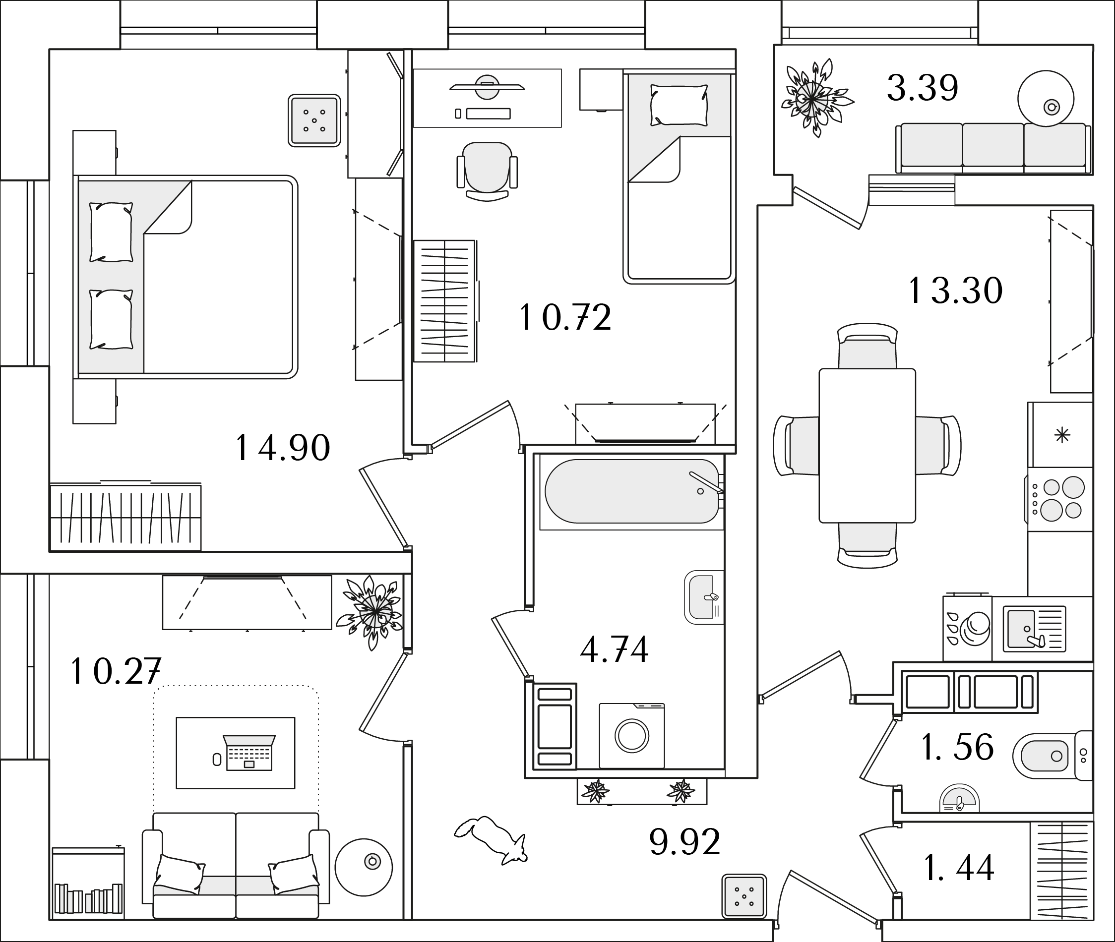3 комн. квартира, 68.5 м², 15 этаж 