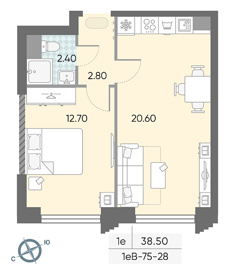 студия, 38.5 м², 28 этаж 