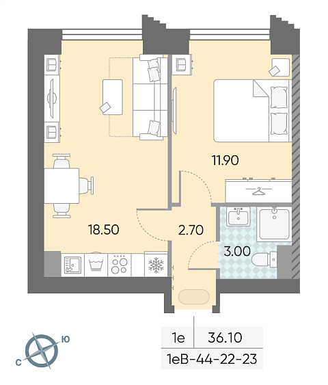 студия, 36.1 м², 22 этаж 