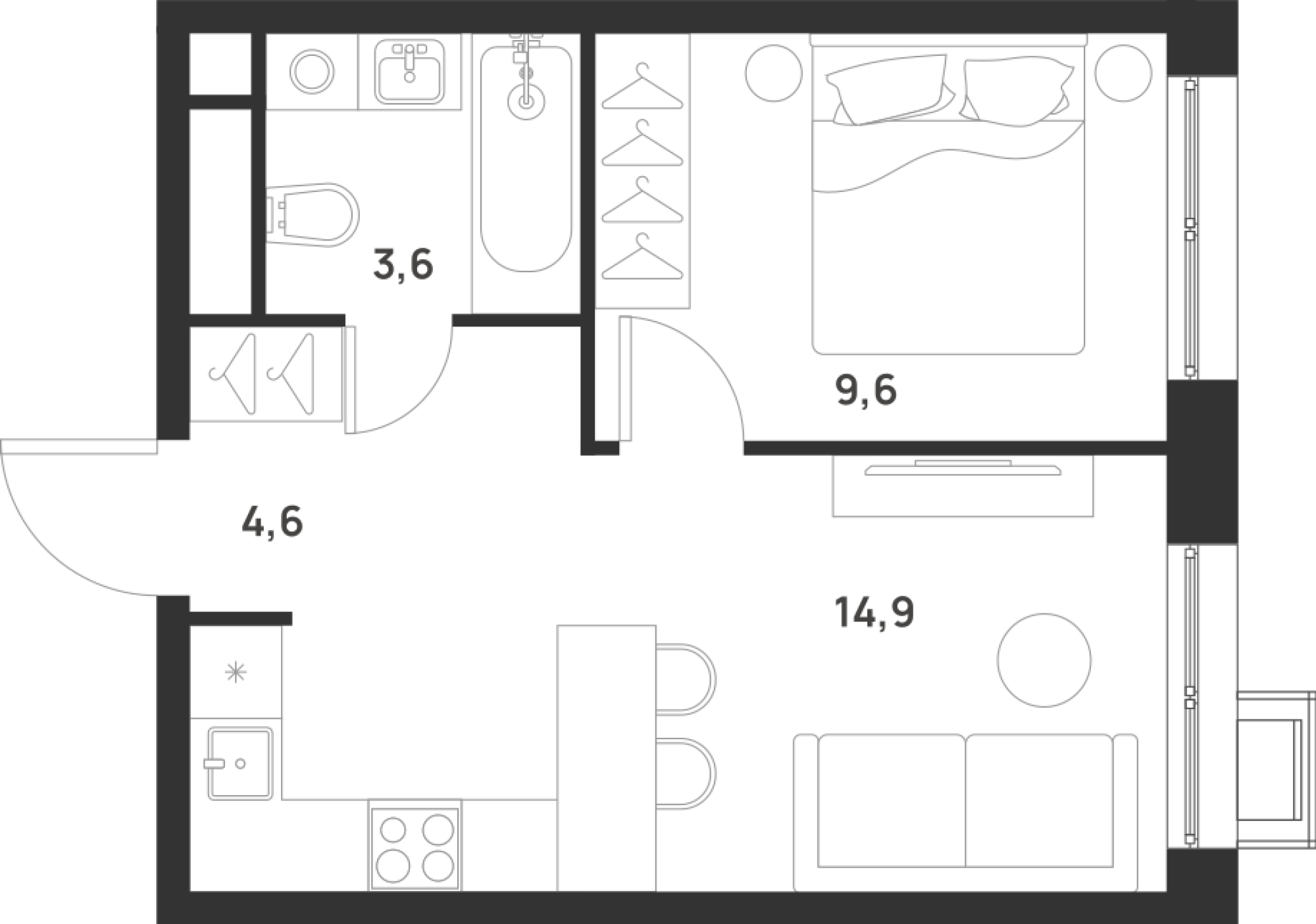 1 комн. квартира, 32.7 м², 8 этаж 