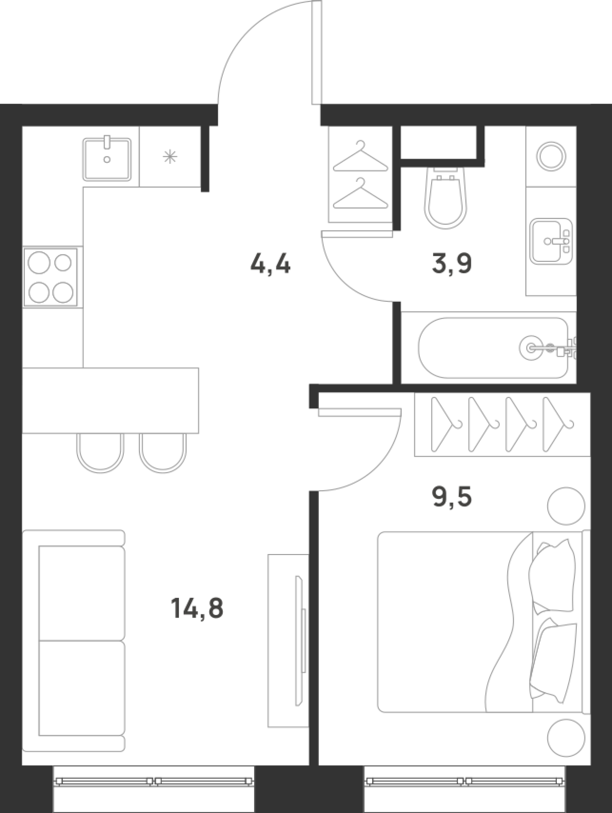 1 комн. квартира, 32.6 м², 6 этаж 