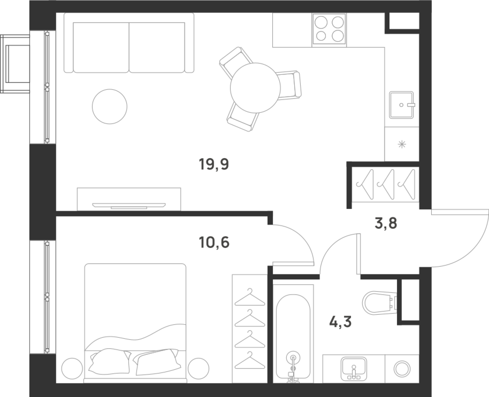 1 комн. квартира, 38.6 м², 8 этаж 