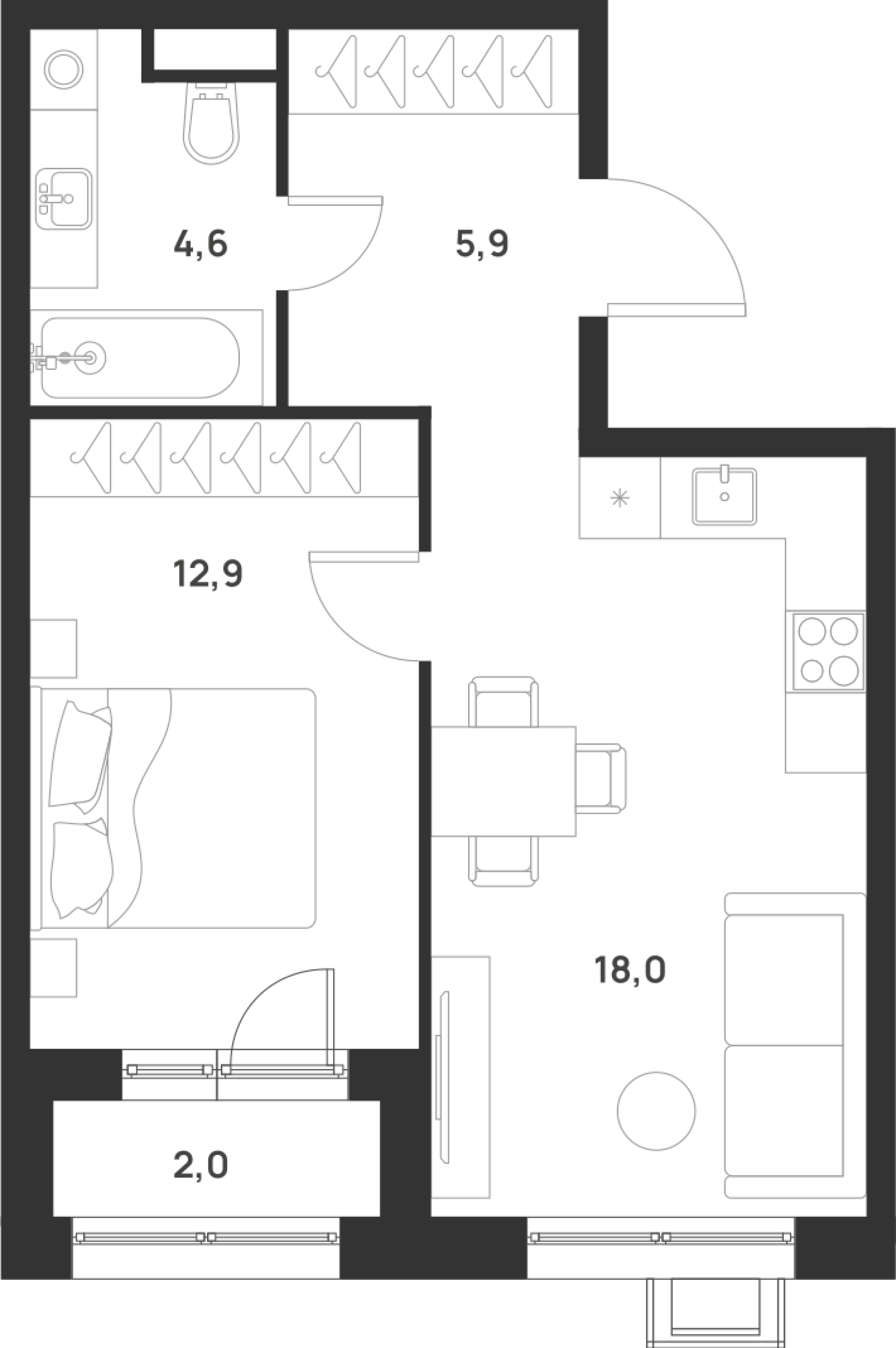 1 комн. квартира, 42.4 м², 6 этаж 