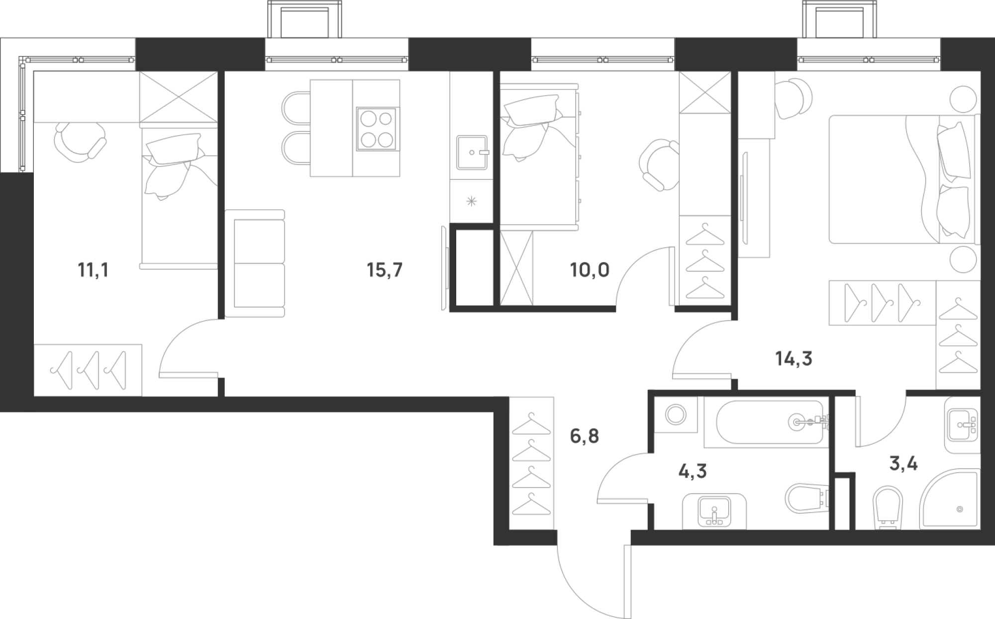 3 комн. квартира, 65.6 м², 6 этаж 