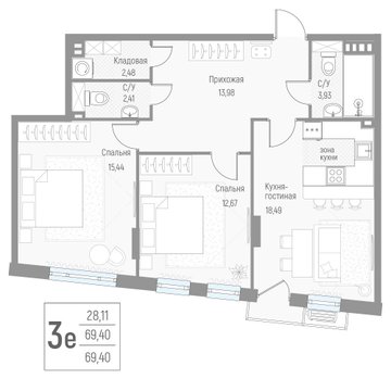 3 комн. квартира, 69.2 м², 2 этаж 