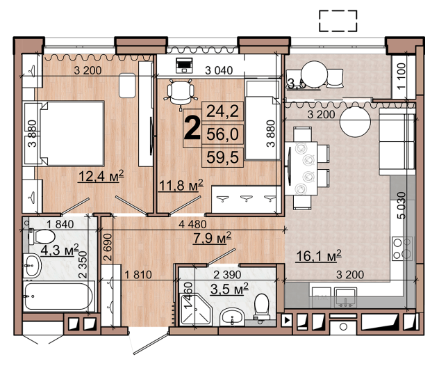 2 комн. квартира, 59.5 м², 17 этаж 