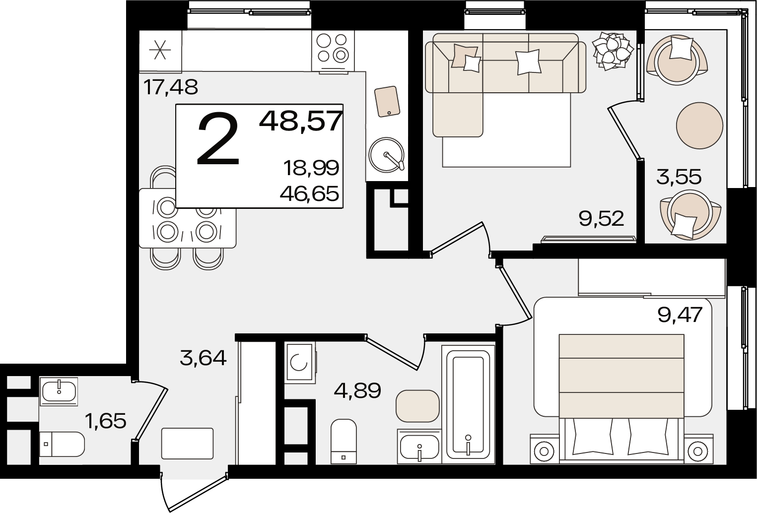 2 комн. квартира, 48.6 м², 2 этаж 