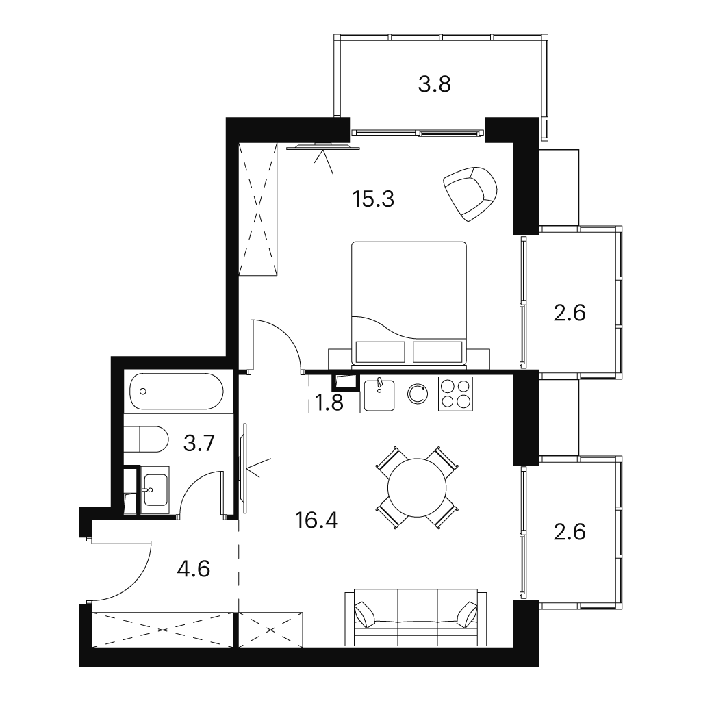 2 комн. квартира, 51.1 м², 22 этаж 