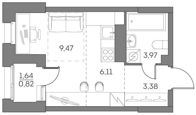 студия, 23.8 м², 12 этаж 