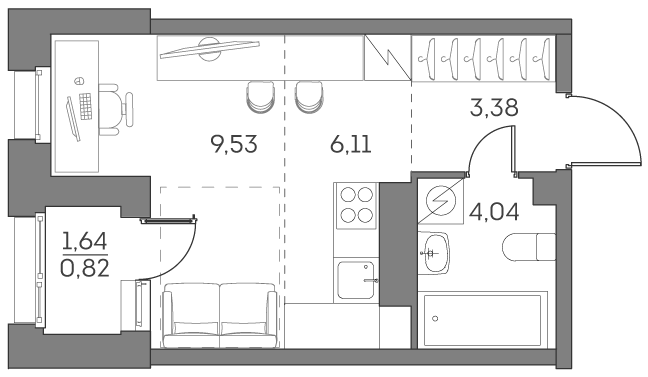 студия, 23.9 м², 13 этаж 