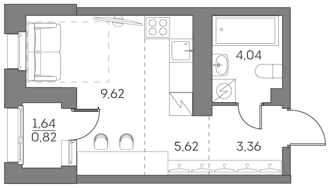 студия, 23.5 м², 16 этаж 