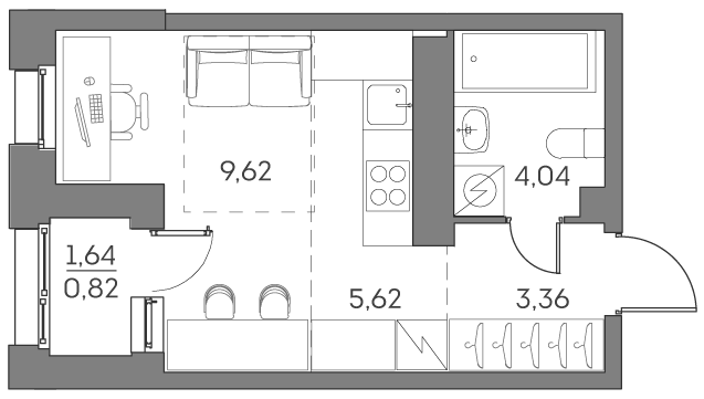 студия, 23.5 м², 19 этаж 